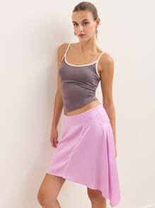 Nöista Pink Satin Mini Skirt With Lace Trim Detail And Asymmetric Hem. Made From Smooth, Lightweight Satin Fabric For A Silky Feel. Stylish, Feminine, Elegant, Party, Summer, Chic, Versatile, Comfortable. - Pink - View 6