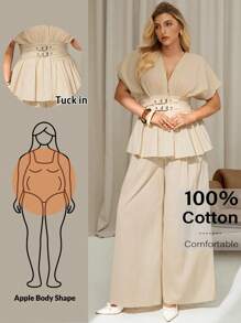 Auralis 大码女装高智商风格双扣可调节收腰百褶衬衫和裤子套装，女式两件套，衬衫套装，休闲夏季套装，度假两件套，两件套夏季套装女士休闲套装 - 杏色 - 查看 1