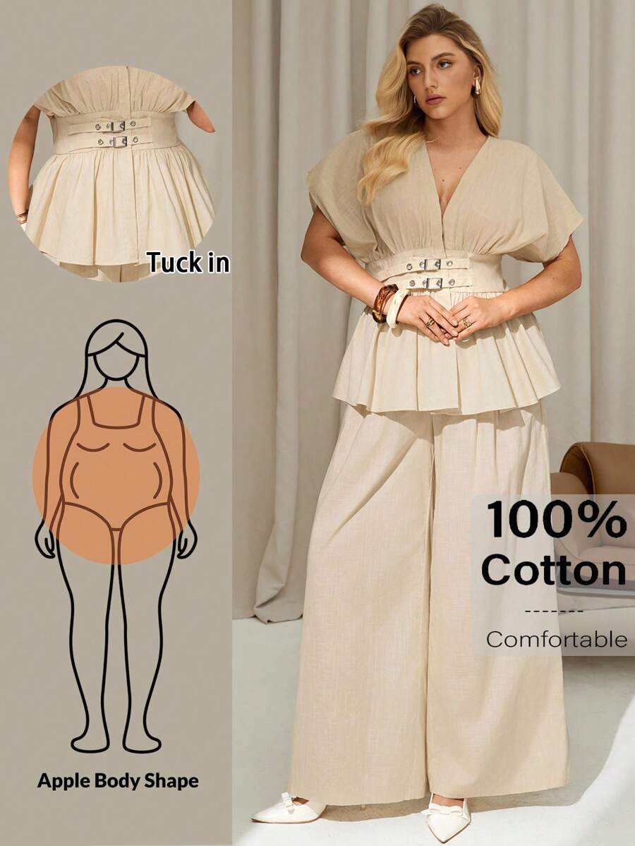 Auralis 大码女装高智商风格双扣可调节收腰百褶衬衫和裤子套装，女式两件套，衬衫套装，休闲夏季套装，度假两件套，两件套夏季套装女士休闲套装 - 杏色 - 查看 1