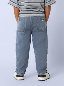 SUMWON 男童宽松牛仔裤，波浪纹拼接，松紧腰带抽绳设计，四季皆宜，日常穿着时尚百搭，适合秋冬季节度假穿着 - 藍色 - 查看 5