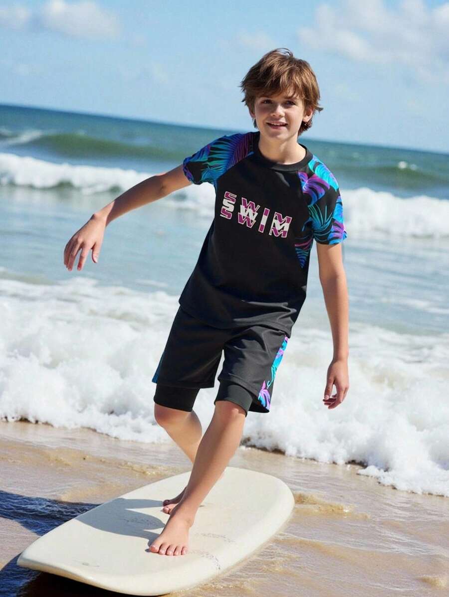 Tween Boy Round Neck Raglan Sleeve Summer Casual Swimsuit, Two-Piece Swimwear With Printed Design