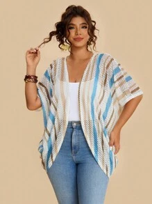 SHEIN VCAY Plus Size Women Striped Floral Print Jacket, Lace Striped Floral Print Batwing Sleeve Loose O-Type Cover Up Vacation Holiday Beach Summer City Break Boho Chic Travel Airport Going Out Country Old Money Vintage Women, Tulum, Teacher Back To School Fall Women Autumn - Multicolor - View 3