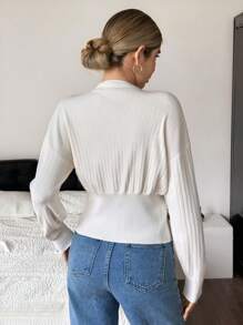 SHEIN Frenchy 女士纯色白色金色纽扣开衫，秋季针织毛衣短款开衫前开衫深 V 领开衫女士开衫单扣开衫罗纹开衫，休闲日常穿着 - 杏色 - 查看 2