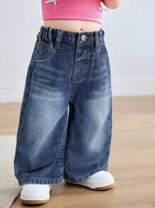 SHEIN 女婴蓝色牛仔宽松直筒裤 - 深色水洗藍 - 查看 4