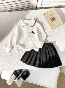 Souflis Souflis 2 件套女婴优雅可爱提花纹理针织长袖 Polo 领开衫上衣和松紧腰百褶裙套装，适合通勤、上学、休闲、度假、运动、家居、6 个月-3 岁、儿童/婴儿服装、返校、所有季节 - 杏色 - 查看 1