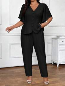 SHEIN Frenchy Conjunto de chaqueta y pantalón con manga con volantes de talla grande para mujer, conjunto de ropa para vacaciones en otoño/invierno - Negro - Ver 2