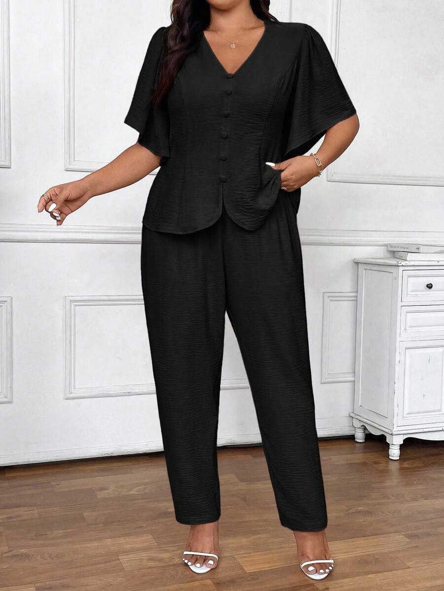 SHEIN Frenchy Conjunto de chaqueta y pantalón con manga con volantes de talla grande para mujer, conjunto de ropa para vacaciones en otoño/invierno