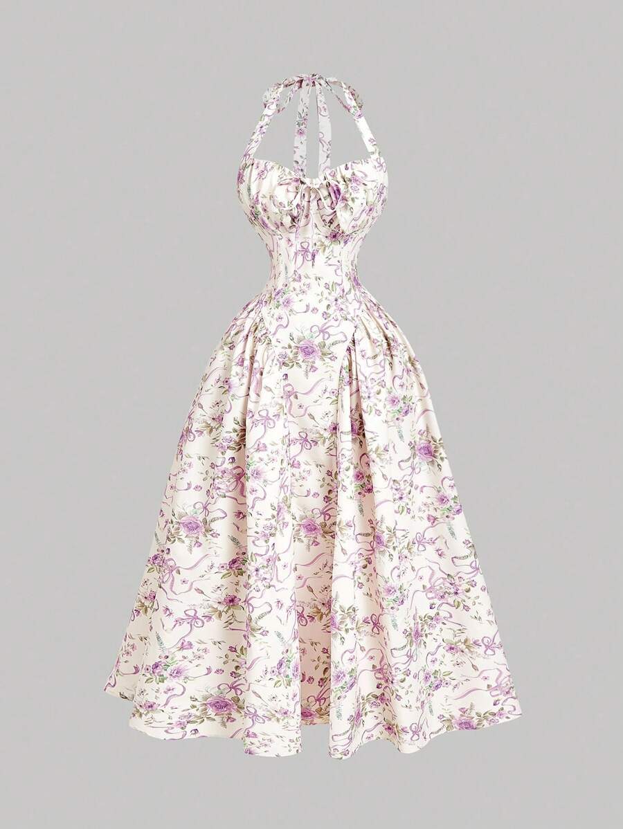 SHEIN X Hannahelzahed SHEIN MOD 女士杏色花卉印花挂脖褶饰蝴蝶结连衣裙 - 杏色 - 查看 1