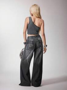 Y2Kool Ekonfriends Black Gray Washed Angel Wings Punk Dark Street Style Women Loose Straight Low Waist Jeans Suitable For Casual Party Music Festival Jeans Wide Leg Goth Pants Wing Jeans Wide Leg Jeans Graphic Y2k Jeans SXY 2000s Fall Winter Club Outfits Women Sexy Baggy Jeans Jeans With Wings Print Baggy Jeans Women Low Rise Jeans Going Out Autumn Matching Idea New Year Outfits Stylish Clothing Collection