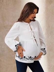 Boho Mama 孕妇花卉刺绣系带休闲度假长袖衬衫 - 黑與白 - 查看 4