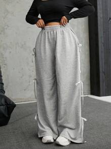 SHEIN EZwear Quần nỉ thể thao thường ngày rộng rãi có nơ trang trí cho nữ cỡ lớn - Xám - Xem 1