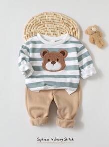 Cozy Pixies 2 件套幼儿男童卡通熊图案条纹圆领运动衫和纯色松紧腰及踝长裤套装 - 綠色 - 查看 1