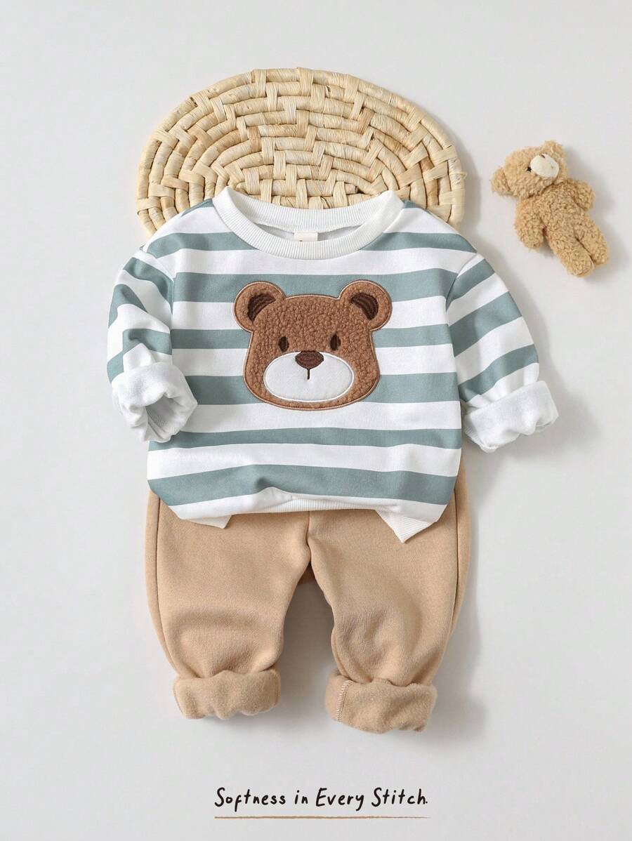 Cozy Pixies 2 件套幼儿男童卡通熊图案条纹圆领运动衫和纯色松紧腰及踝长裤套装 - 綠色 - 查看 1