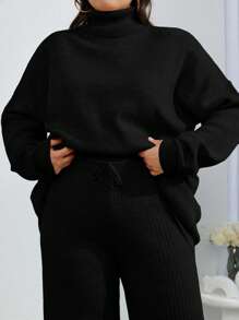 EURMUSE 2pcs High Neck Drop Shoulder Sweater And Ribbed Solid Color Sweater Pants - Black - View 4