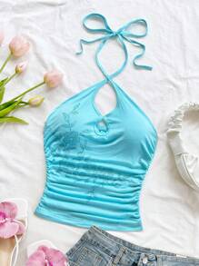 Soleia Women's Romantic Vacation Turquoise Knit Halter Hollow Floral Rhinestones Embellished Mini Dress, Suitable For Holiday Dates, Afternoon Tea, Beach, Cruise, Urban Getaway, Wedding Season, Music Festivals, Boho Vacation Halter Top Beach Top Rhinestone Top - Mint Blue - View 4