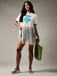 MISSGUIDED 伊维萨镇西班牙流苏 T 恤节日沙滩装地中海夏季贝壳设计流苏装饰假日旅行度假短款休闲海滩派对 - 白色 - 查看 4