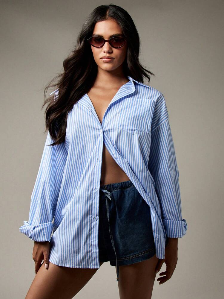 MISSGUIDED Women Classic Striped Button Down Oversized Shirt Long Sleeve Collared Blouse Back Knot Tie Detail Summer Spring Cotton Office Casual Professional