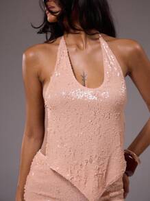 MUSERA Áo sequin cổ yếm, vạt chữ V, phong cách lễ hội Ibiza, tiệc tùng, cô gái cá tính, mùa thu, xuân, hè. - Màu Hồng baby - Xem 3