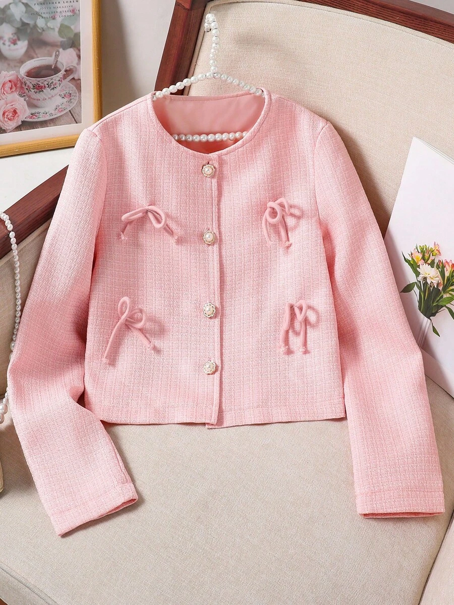 Tween-Mädchen Taillierte Jacke mit Schleifendekor, geeignet für tägliche Zusammenkünfte, Fotoshootings