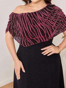 Modelyn Plus Size Asymmetrical Neck Striped Patchwork Fitted Bodycon Dress - Pink - View 5