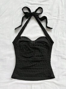 Soleia 度假挂脖 V 领花卉金属扣白色针织纹理修身背心，适合度假、音乐节、波西米亚风、节日约会、下午茶