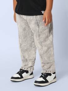 SUMWON 儿童宽松筒形牛仔裤 舒适棉质牛仔裤 休闲日常休闲装 松紧腰带 四季皆宜的下装 百搭街头风格 - 灰色 - 查看 1