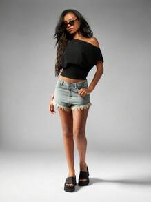 MISSGUIDED Off Shoulder Dolman Top Elastic Waist Modern Minimalist Knit Crop Blouse Summer Beach Boho Evening Party Casual Lounge Daily Wear - White - View 3