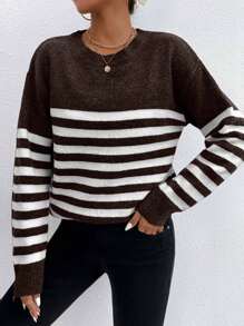 EURMUSE Round Neck Drop Shoulder Striped Knit Sweater - Brown - View 3
