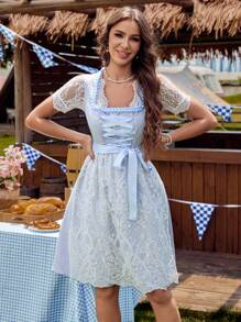 LanaWest Elegancka sukienka z kwadratowym dekoltem, falbaniastym kołnierzykiem, kokardą i kontrastową koronką, idealna na Oktoberfest i Dirndl