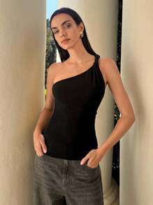 Maija 2025秋冬新款黑色不对称剪裁露肩扭绳露肩女式上衣，时尚休闲都市优雅浪漫商务休闲现代日常办公派对海滩音乐节婚礼宾客早午餐街头Y2K复古返校秋冬女装生日万圣节 - 黑色 - 查看 4