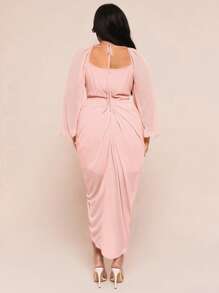 SHEIN BAE 大码女式优雅派对约会性感闪光亮片垂坠领褶饰不对称下摆开衩长袖连衣裙，豌豆绿 - 珊瑚粉 - 查看 2