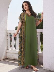 Al Najma 大码女式花卉印花V领短袖宽松休闲度假连衣裙