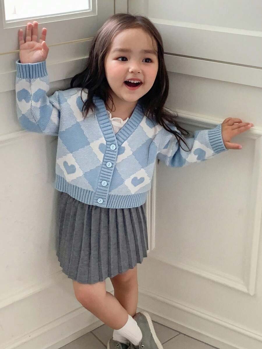 DAZY 女婴心形图案长袖单排扣休闲开衫 - 淺藍色 - 查看 1