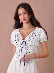 Áo cánh thắt eo thêu hoa giản dị cho kỳ nghỉ - Nhiều màu - Xem 3