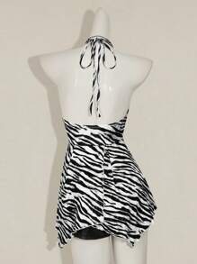 SHEIN ICON Women's Zebra Print Ruffled Hem Halter Neck Top Animal Print Swimwear, Y2k Tops - Black and White - View 2