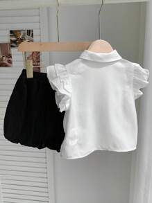 Set de 2 piezas con camisa informal de rayas tejida y falda corta de vuelo con estampado floral para niñas jóvenes - Blanco - Ver 2