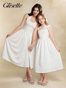 少女连衣裙，白色长裙细肩带方领束腰露背，适合度假、户外、学校、春夏季 - 白色 - 查看 7