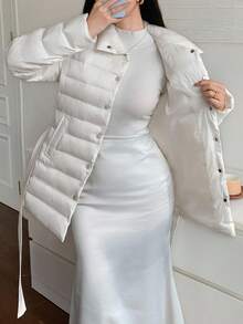 DAZY 女式格纹收腰轻薄夹棉外套，修身版型，秋冬夹克 - 米色 - 查看 13