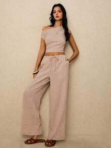 Poéselle 2 Stücke Damen Sommer lässiges einfarbiges Set mit asymmetrischem Kragen anliegender Crop Top und weiter Hose mit Kordelzug Taille