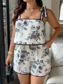 Vionelle 大码女式法式花卉印花休闲连体裤，夏季 - 杏色 - 查看 3