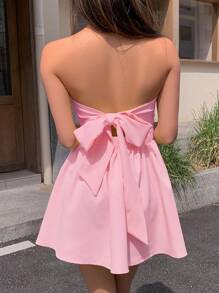 INAWLY 1pc Women Solid Color Ruched Hem Mini Dress With Frill Hem - Pink - View 2
