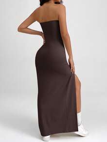 SHEIN PETITE Women Solid Color Strapless Split Thigh Bodycon Dress Brown Strapless Dress High Slit Maxi Dress - Brown - View 2