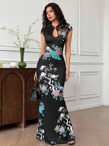 EastFlair 女士优雅修身长裙，中国风孔雀印花，喇叭袖 - 黑色 - 查看 2