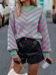 EMERY ROSE 女士秋季休闲撞色锯齿图案落肩灯笼袖宽松毛衣针织套头衫秋冬 - 綠色 - 查看 6