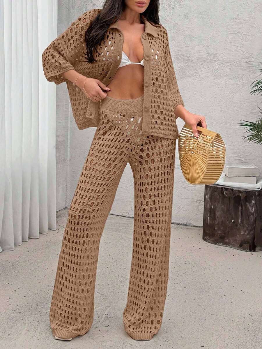 EURMUSE Women Hollow Out Cut Out Button Front Knit Shirt Top And Sweater Pant 2pcs Set Co-Ords Cover Up Beach Set - Camel - View 1