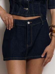 MUSERA Jupe en jean mini à fermeture éclair avec détail de couture, lavage foncé. Tenue décontractée, sexy, élégante et chic pour les vacances d'été. Tenue de bureau pour femmes, à porter en automne, hiver et au quotidien.