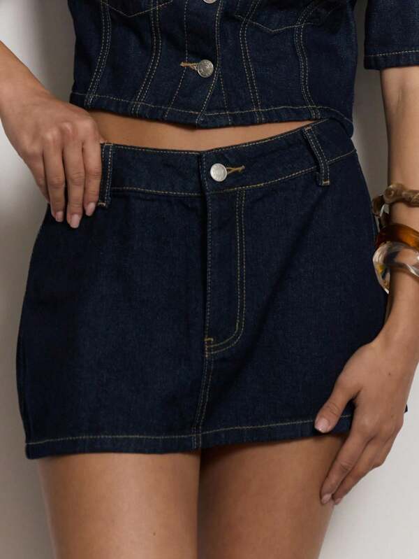 MUSERA Dark Wash Mini Zip Front Seam Detail Denim Skirt Cute Summer Holiday Vacation Casual Sexy Elegant Cool Classy Collective Office Attire For Women, Office Wear Women