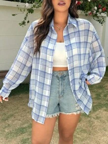 Solflare Plus Size Women's Plaid Print Casual Long Sleeve Blouse, Summer
