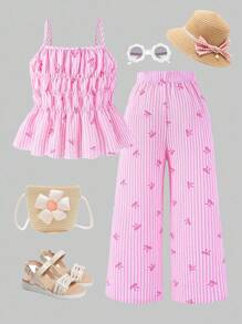 SHEIN 年轻女孩可爱条纹蝴蝶结全身印花吊带背心和阔腿裤两件套，夏季 - 粉色 - 查看 2