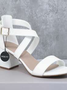 SHUZIA 女士宽跟扣带圆头粗跟鞋经典永恒白色高跟凉鞋 - 白色 - 查看 4